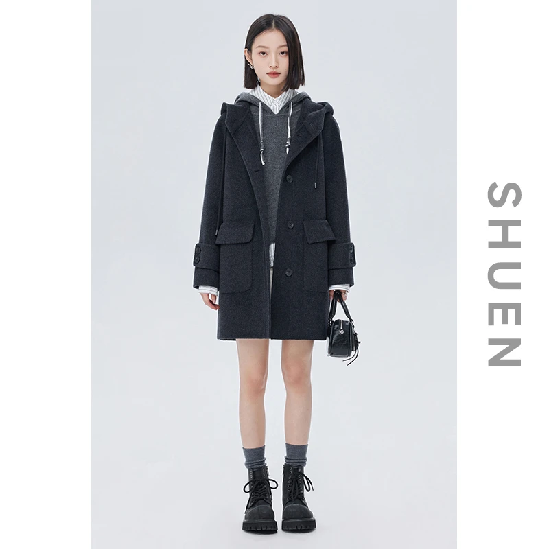 束恩黑灰连帽抽绳毛呢外套2025年冬大口袋绵羊毛混纺双面呢大衣女