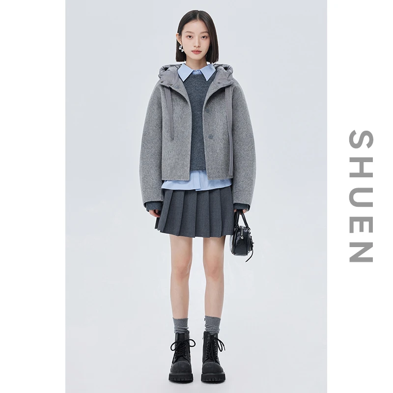 束恩重磅羊驼绒混纺外套秋冬2025前短后长宽松绵羊毛双面呢大衣女