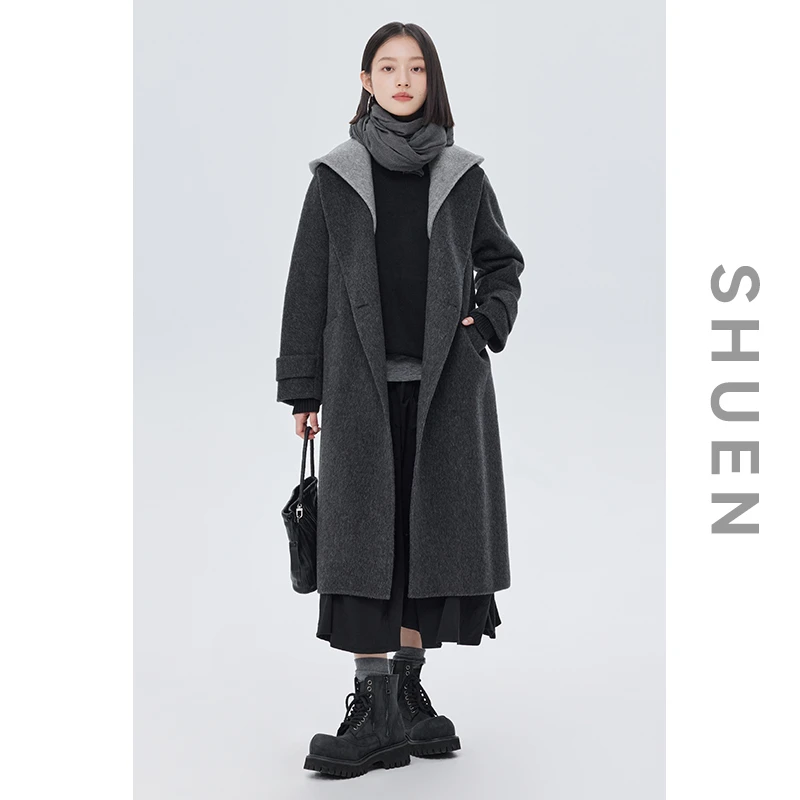 束恩重磅耗牛绒混纺可拆卸连帽长款配腰带黑灰色呢大衣女2025新款