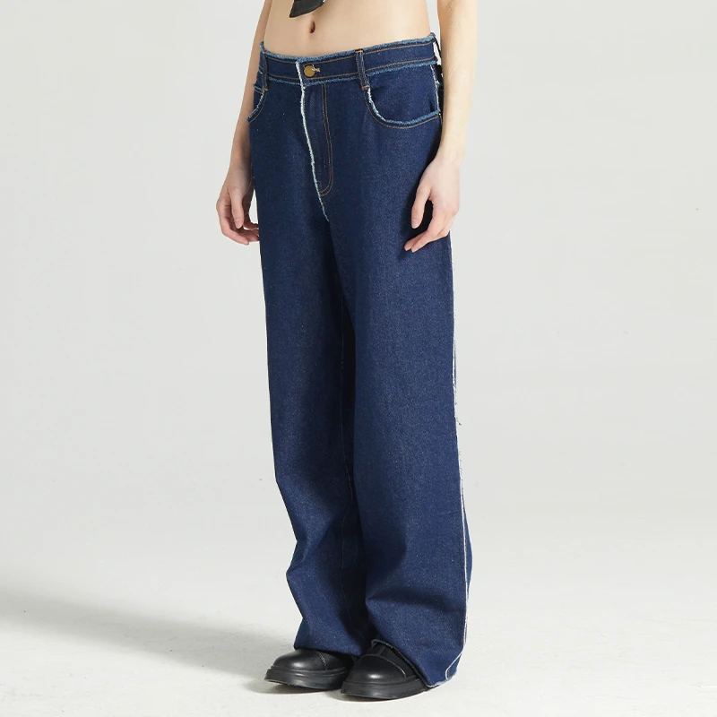 Linyi Li高级小众设计高个子宽松低腰毛边水洗蓝超长牛仔裤女