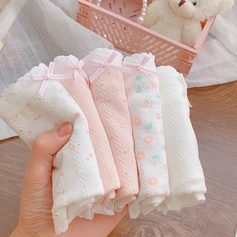 小美好~5条内裤清新粉色少女学生法式甜美中腰100%全棉内裤女纯棉