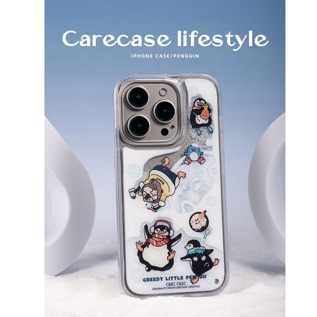 carecase企鹅雪地流沙手机壳 适用苹果15/14/13 Pro Max 原创设计