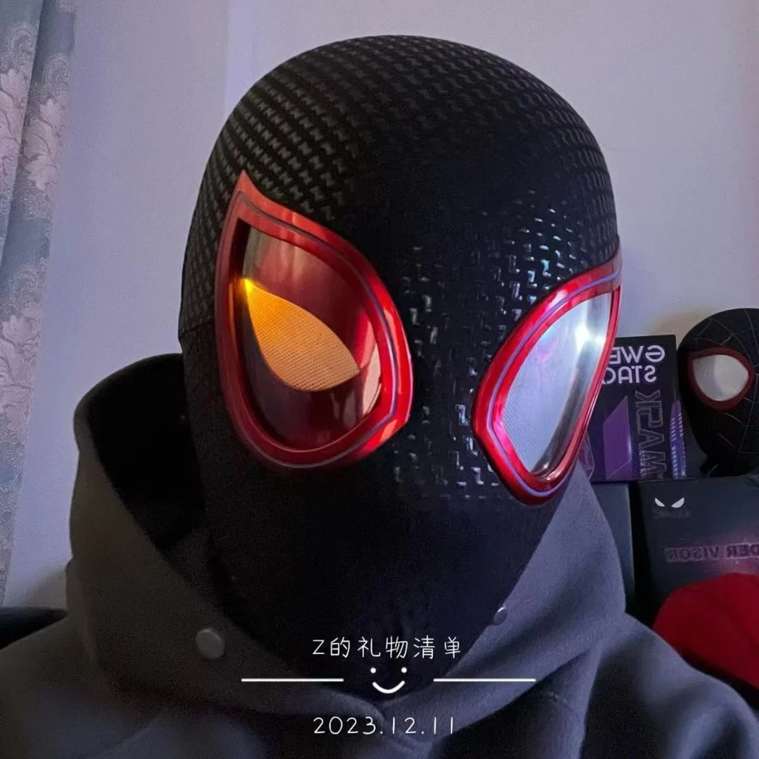 迈尔斯蜘蛛侠头套格温头套眼睛可动电动眨眼面罩蜘蛛侠头套可眨眼