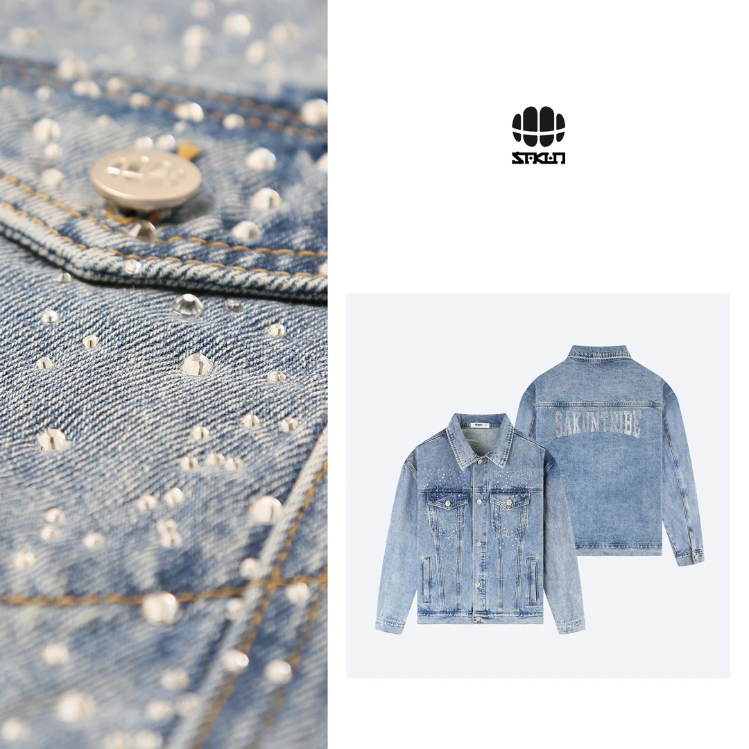 【欧若风】明星同款满天星SAKUN重工立体烫仿钻情侣牛仔外套5572