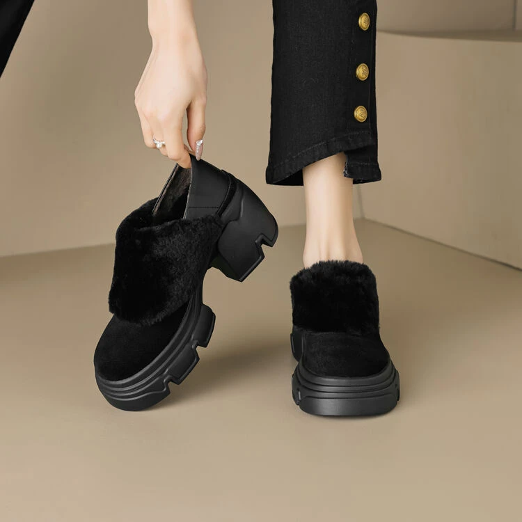 潮搭款~牛皮6cm小个子一脚蹬女鞋加绒加厚粗跟高跟冬季鞋子