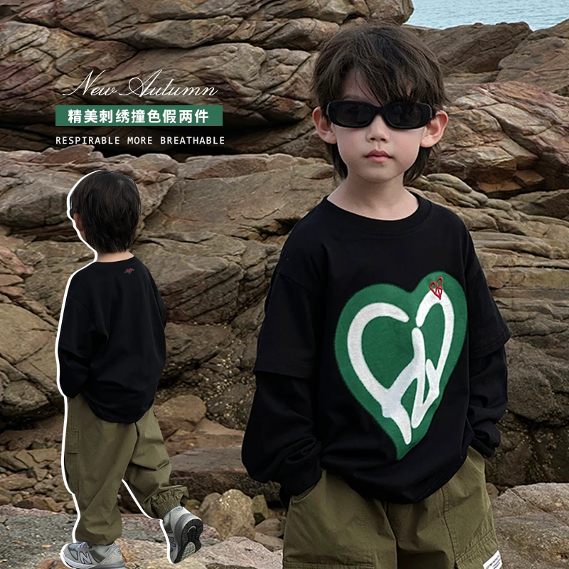 男童叮叮家童装2023秋季新款儿童长袖T恤打底衫假两件上衣23218