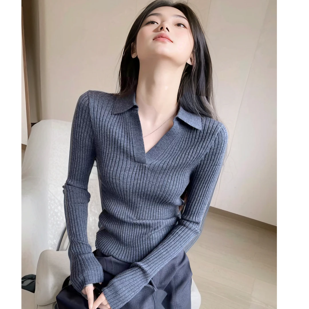 韩系气质灰色高级感polo领针织衫女秋冬2024新款修身显瘦百搭毛衣