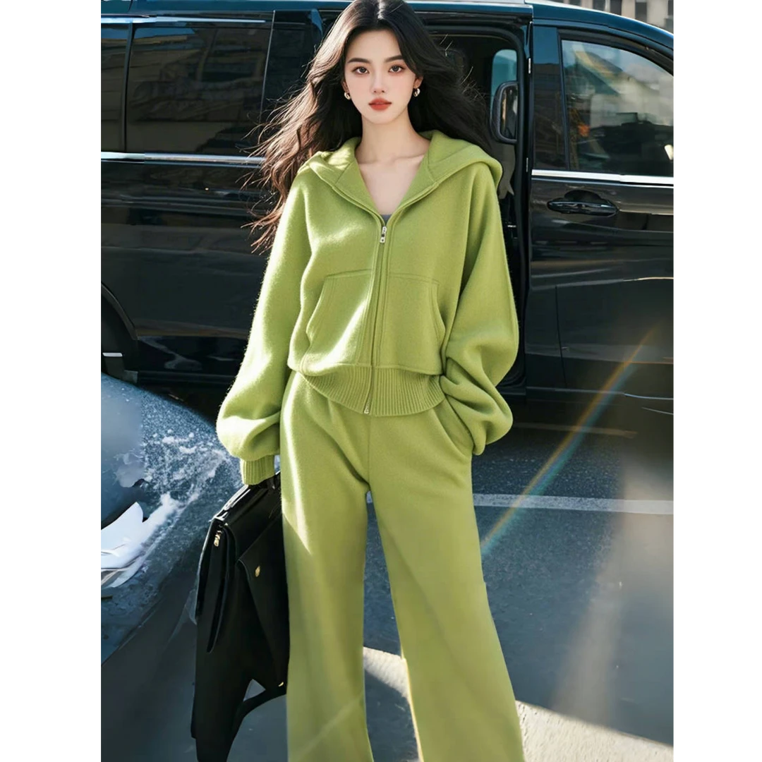 韩系女装新款小香风温柔系炸街奶乖针织休闲运动服绿色两件套装裤