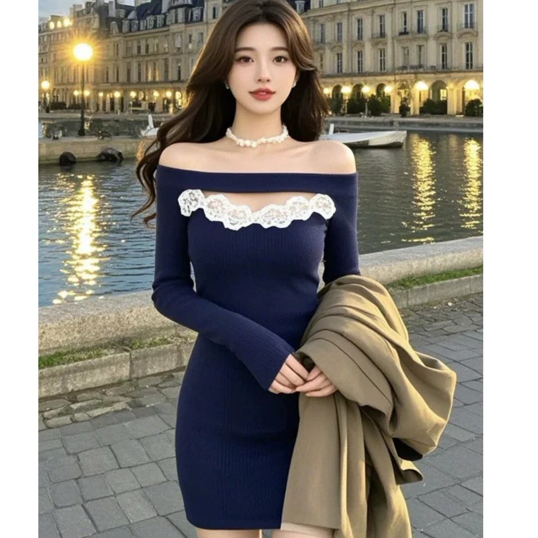 法式一字连衣裙24新款女秋季气质简约风修身纯欲小众别致包臀裙