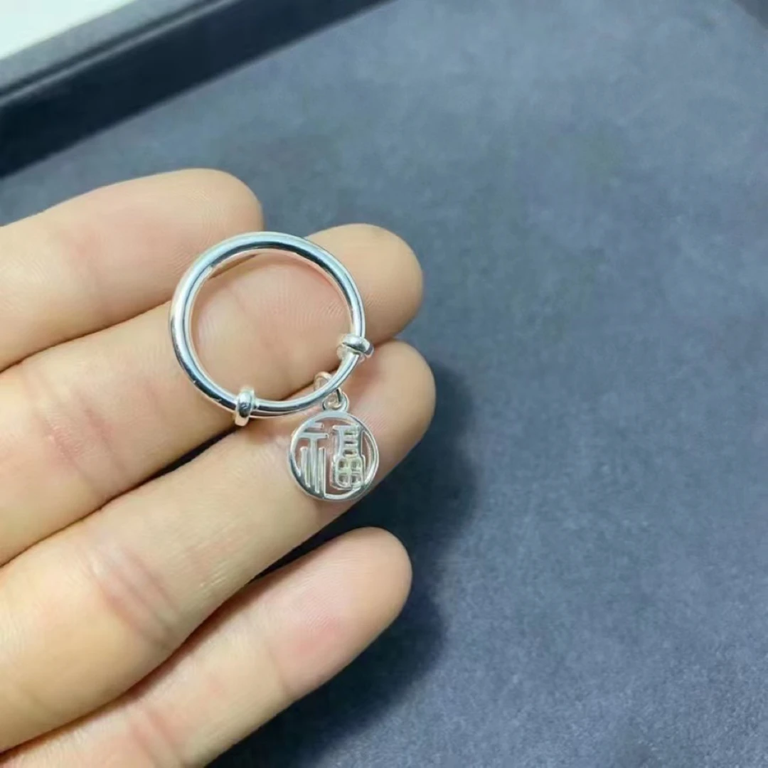 足银戒指 小福牌戒指纯银戒指足银990实心戒指个性推拉调节女戒指