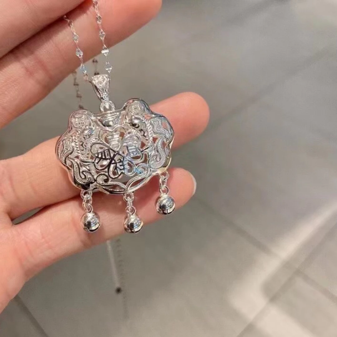 吊坠足银 足银银锁新款镂空吉祥如意足银999成人宝宝通用