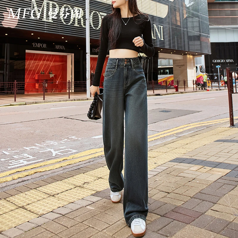 摩登灰两粒扣拼接直筒阔腿牛仔裤女2025春季新款爆款美式宽松拖地