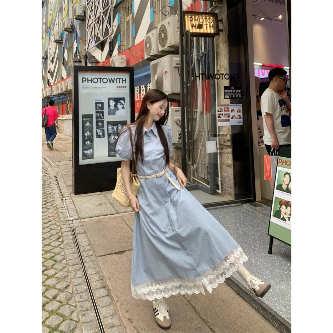 蕾丝花边翻领短袖连衣裙女夏季新款收腰A字显瘦条纹长裙L956