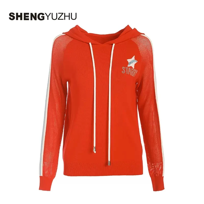 Shengyuzhu/声雨竹新款针织衫女修身套头长袖纯色连帽卫衣外套