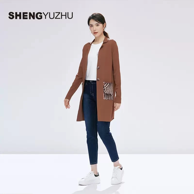 Shengyuzhu/声雨竹新款咖啡色针织衫女商场同款开衫九分袖外套