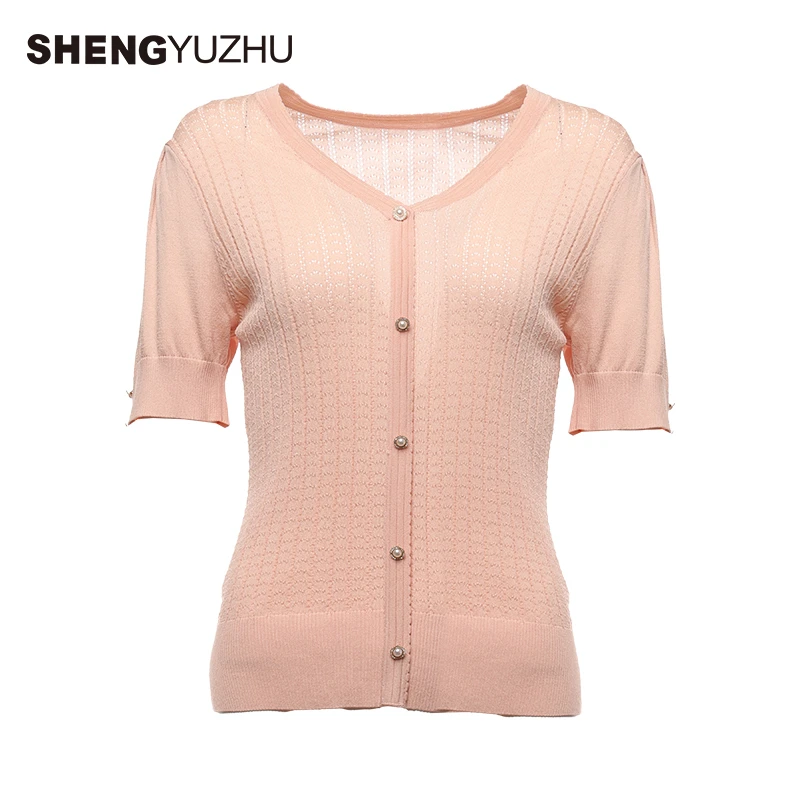 Shengyuzhu/声雨竹t恤女士设计感小众内搭短袖V领纯色上衣针织