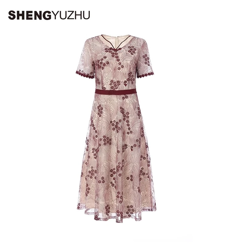 Shengyuzhu/声雨竹女士连法式衣裙收腰雪纺气质印花裙子复古时尚