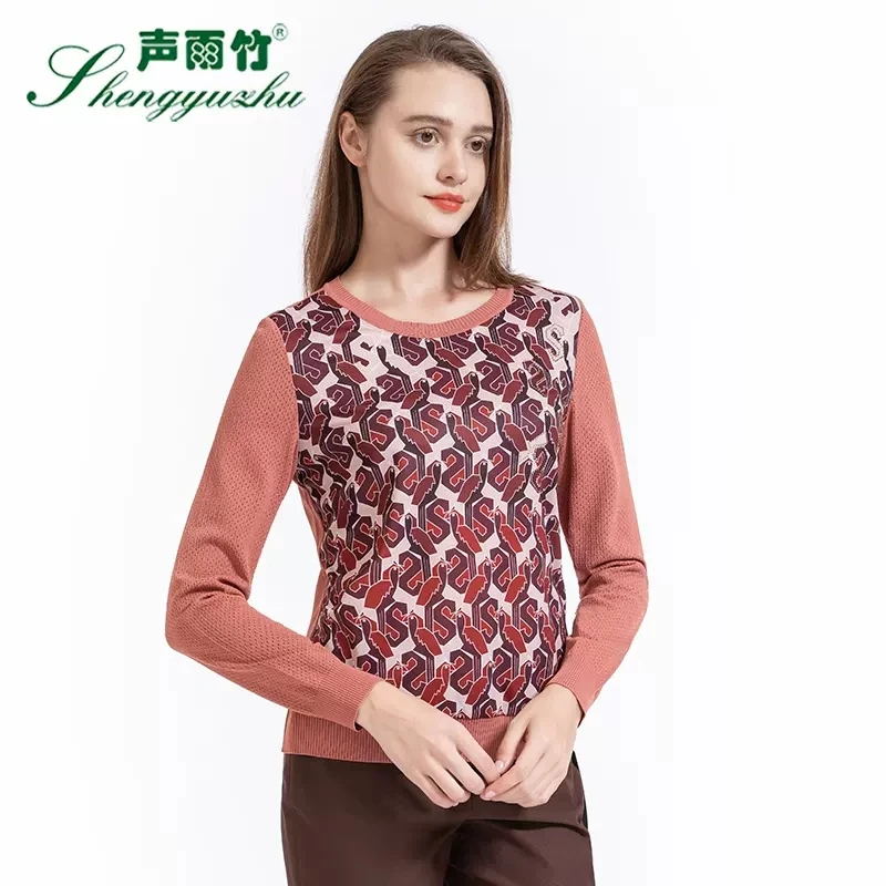 Shengyuzhu/声雨竹新款针织衫女士长袖圆领花色套头打底衫