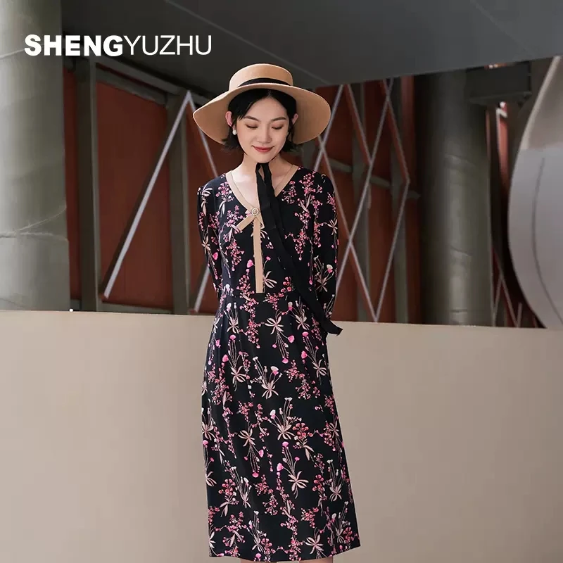 Shengyuzhu/声雨竹新款连衣裙小香风商场同款V领A字裙