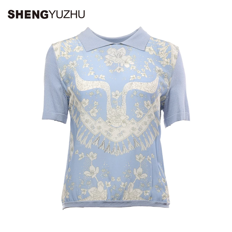 Shengyuzhu/声雨竹小衫女士气质印花翻领T恤上衣女蓝色休闲时尚