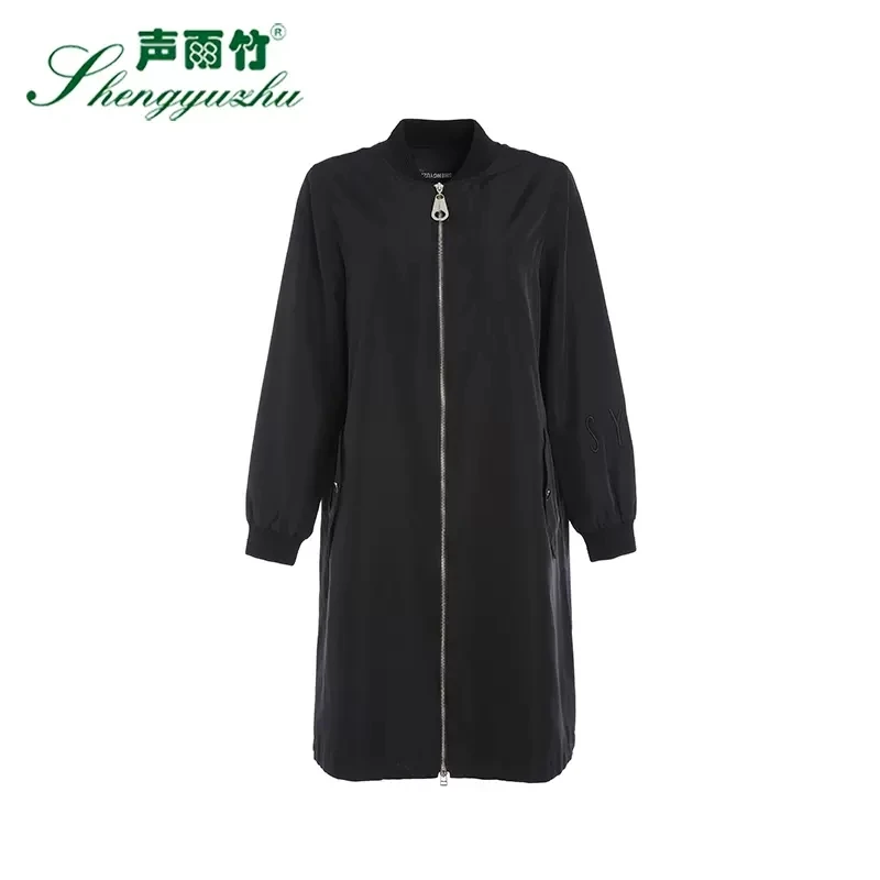 Shengyuzhu/声雨竹宽松棒球领中长款黑色风衣外套