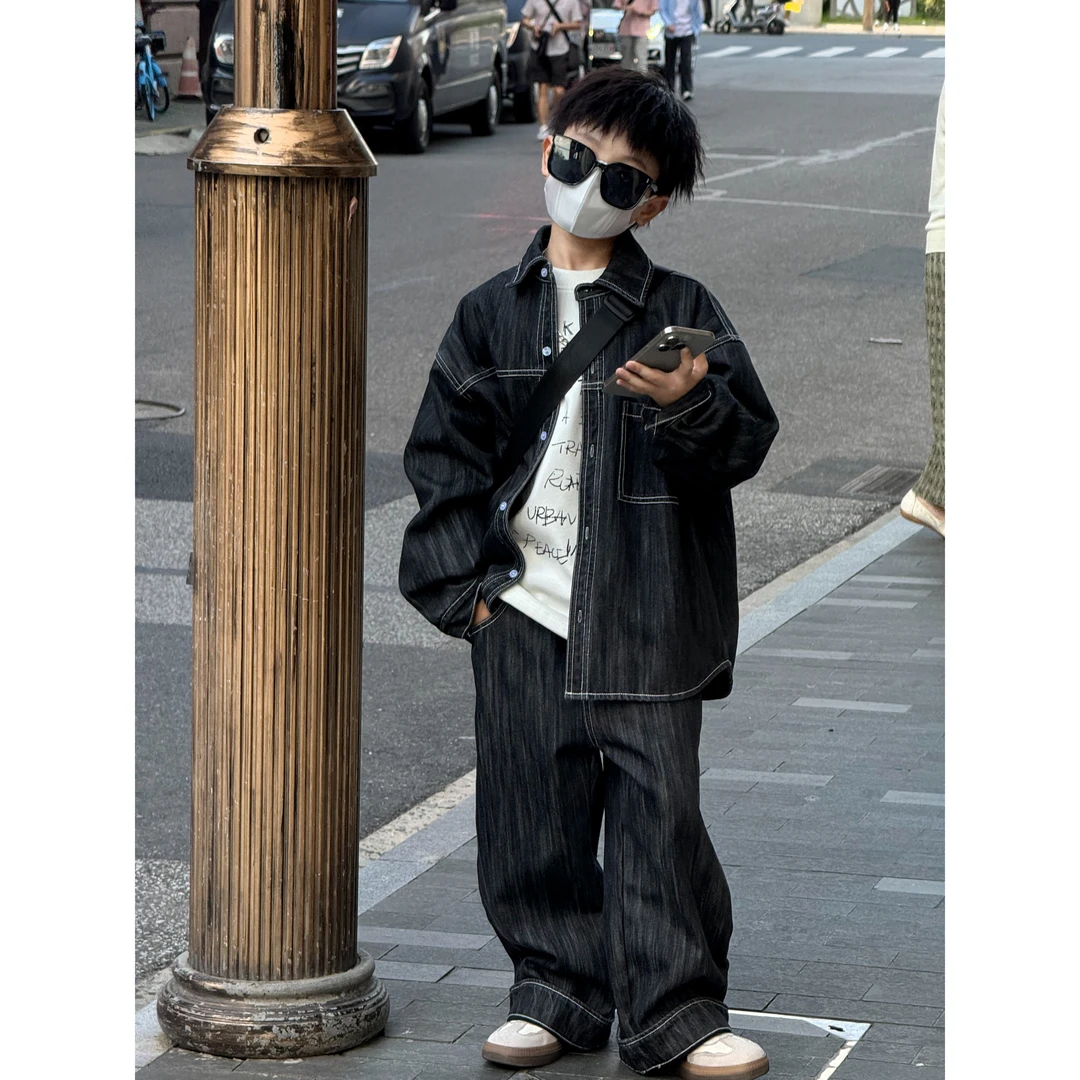 现货THE LUHAN【蒙马特区】春秋加绒潮流男童亲子装牛仔套装24635