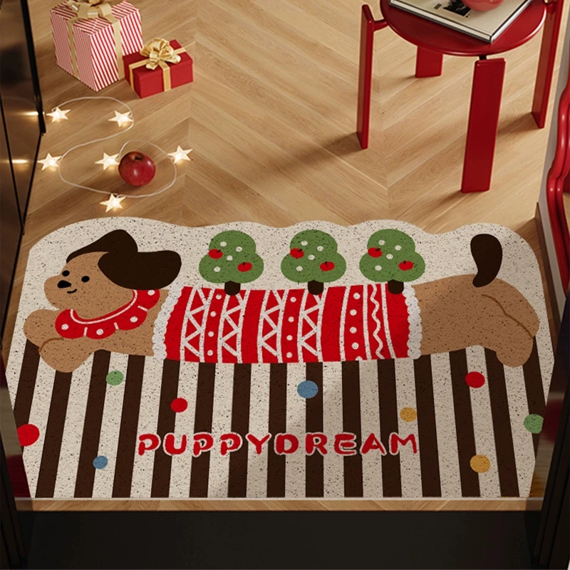 卡通小狗入户门地垫圣诞氛围感丝圈进门门垫可裁剪脚垫子防滑地毯