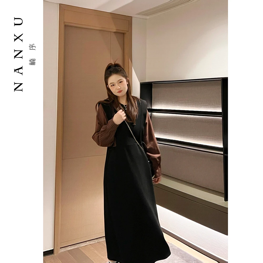 楠序胖mm大码女装 2025秋季时尚连衣裙法式拼接假两件长裙YZ32331