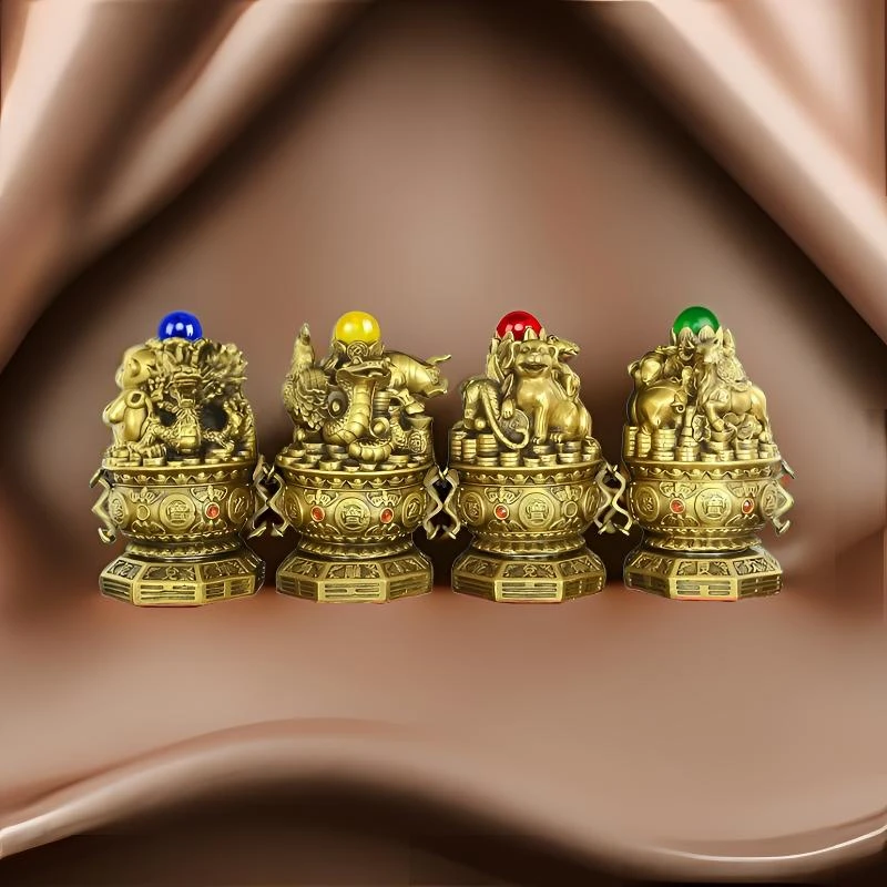 黄铜生肖三合贵人十二生肖家居饰品家居摆件旋转装饰三合局摆件
