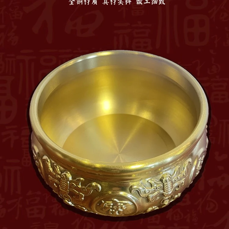 黄铜聚宝盆家用招米装饰品客厅工艺品玄关铜盆正品黄铜聚宝盆套装