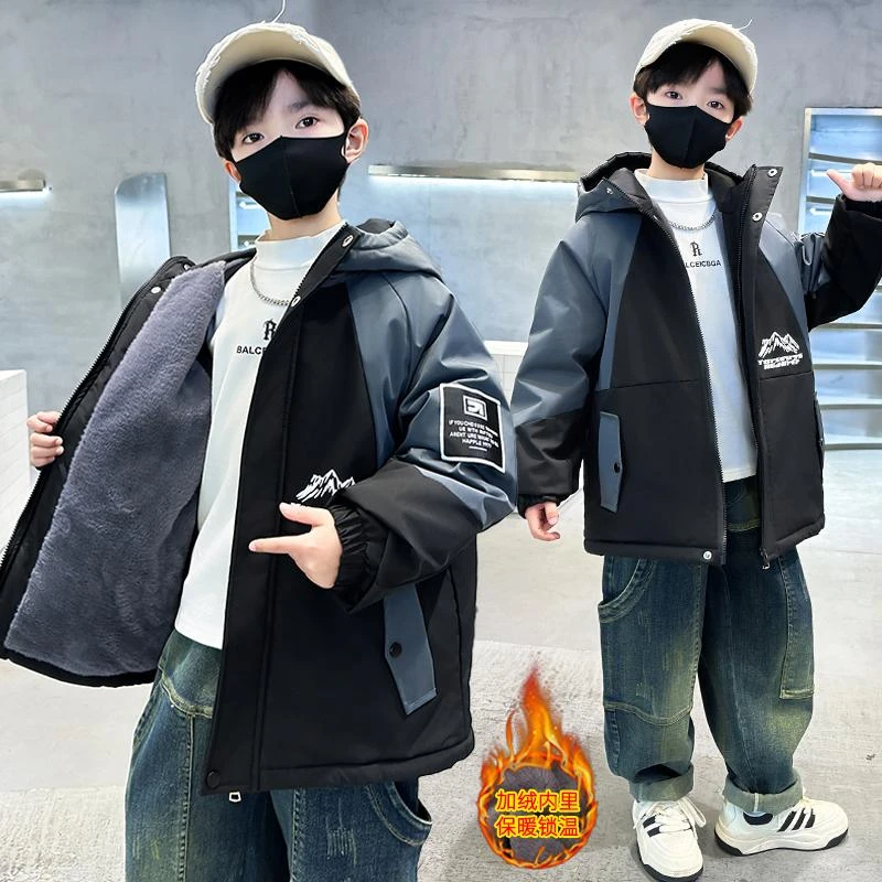 男童棉衣外套派克服加绒加厚秋冬季中大童中长款男孩时尚加厚棉袄