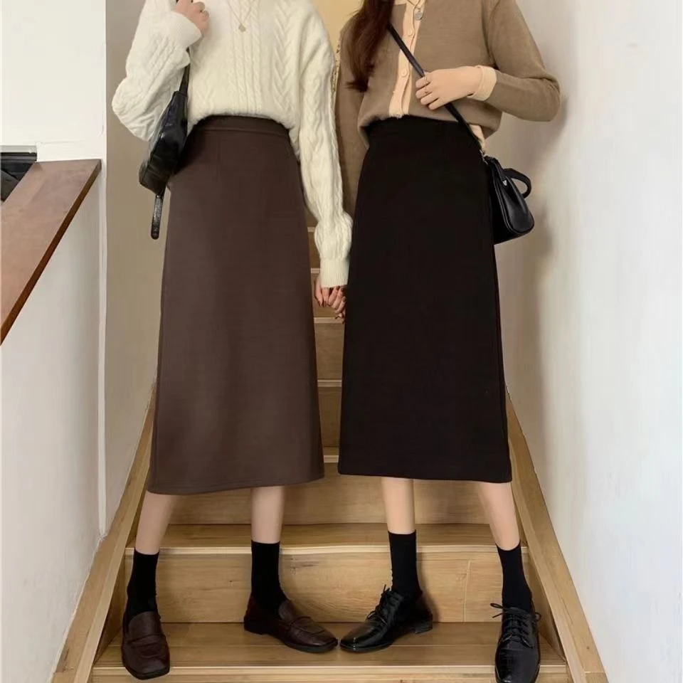 秋冬季新款韩版高腰显瘦中长款裙子女百搭开叉黑色A字半身裙女潮