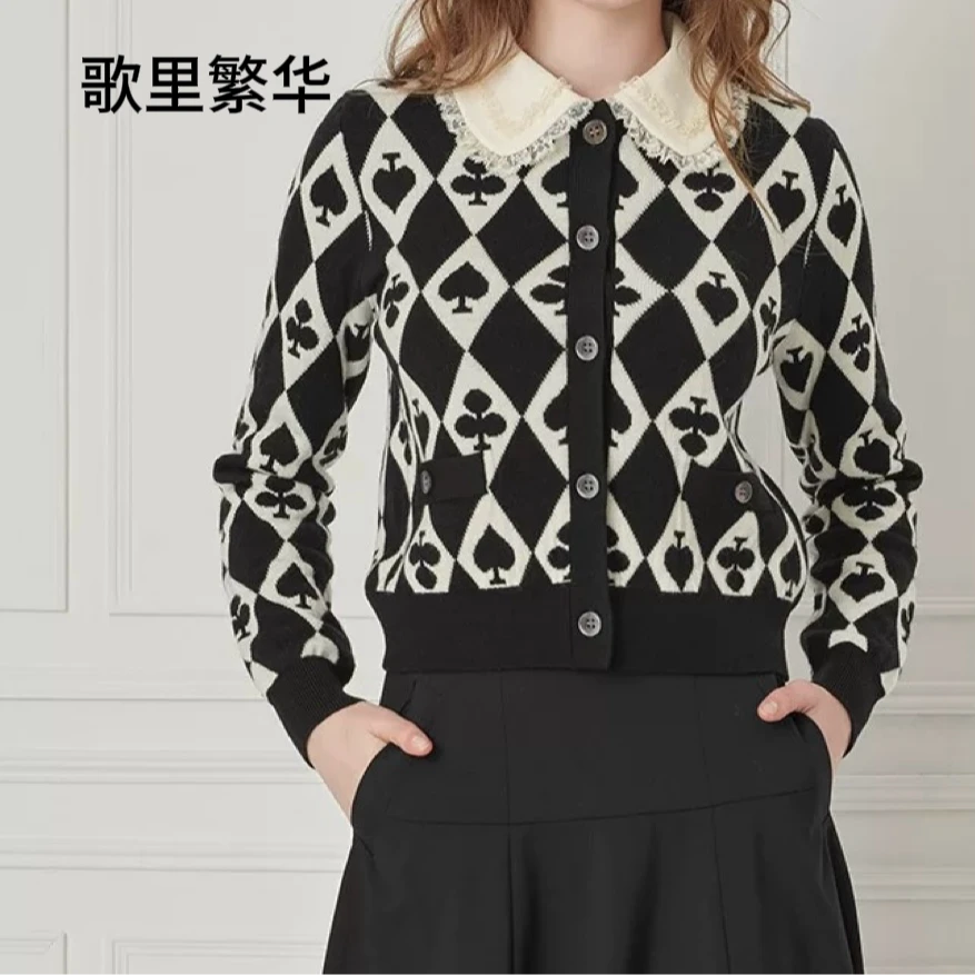 【清清专属】B+2024秋季新品彼得潘领趣味扑克牌图案针织开衫0025