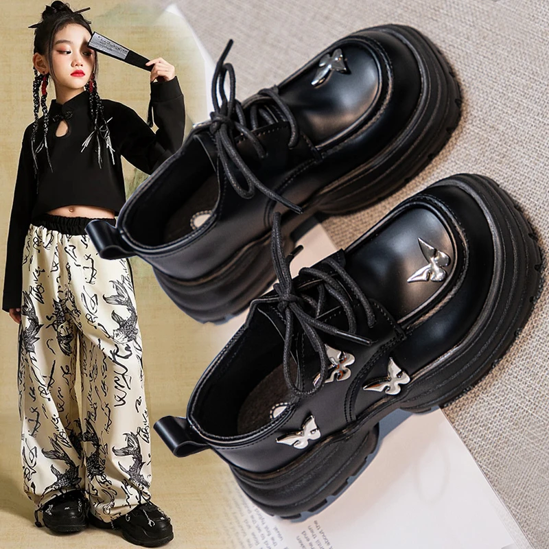 儿童女童黑色小皮鞋春季2025新款厚底乐福蝴蝶结公主鞋单鞋ZG001