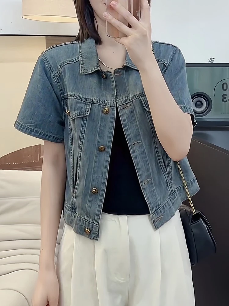 短款牛仔衬衫女2024夏季新款韩版休闲上衣开衫百搭小坎肩薄款外套