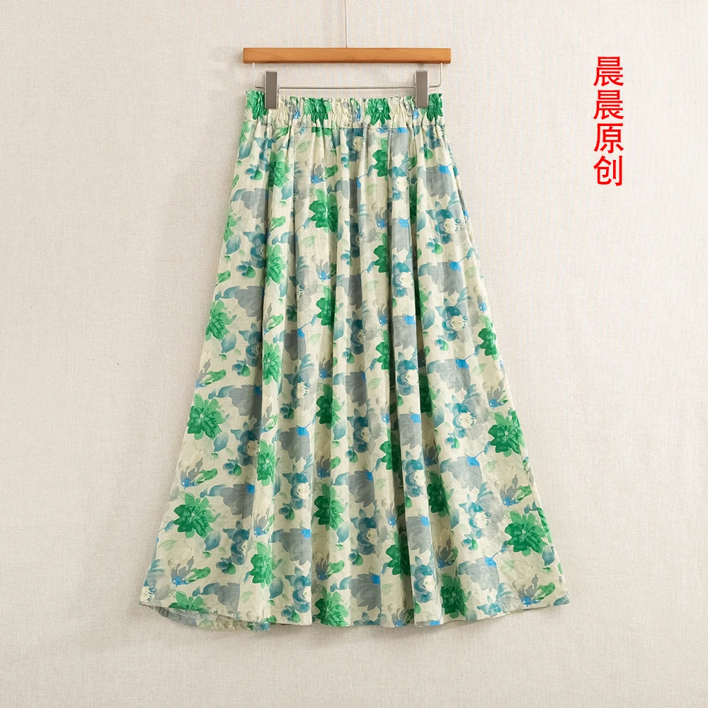 【晨晨】夏季复古法式时尚高档气质印花高腰显瘦遮大码中长款半身裙