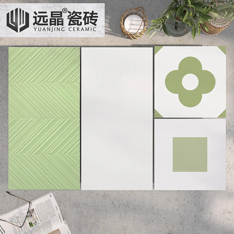 远晶300x600白色柔光牛油果绿凹凸鱼骨清新绿色花砖法式厨卫瓷砖