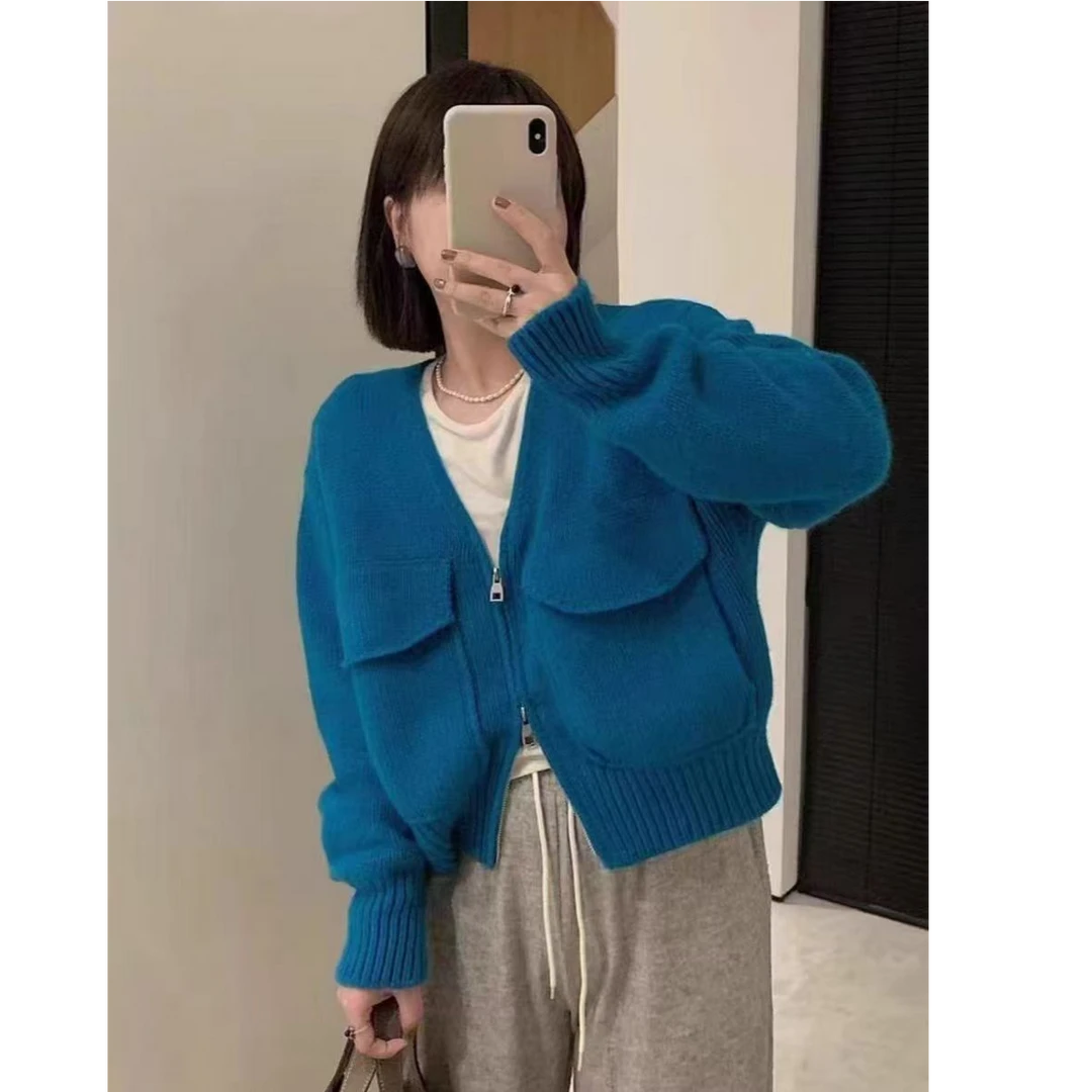 韩系口袋短款外套宽松2024秋冬季新款拉链针织慵懒开衫毛衣女