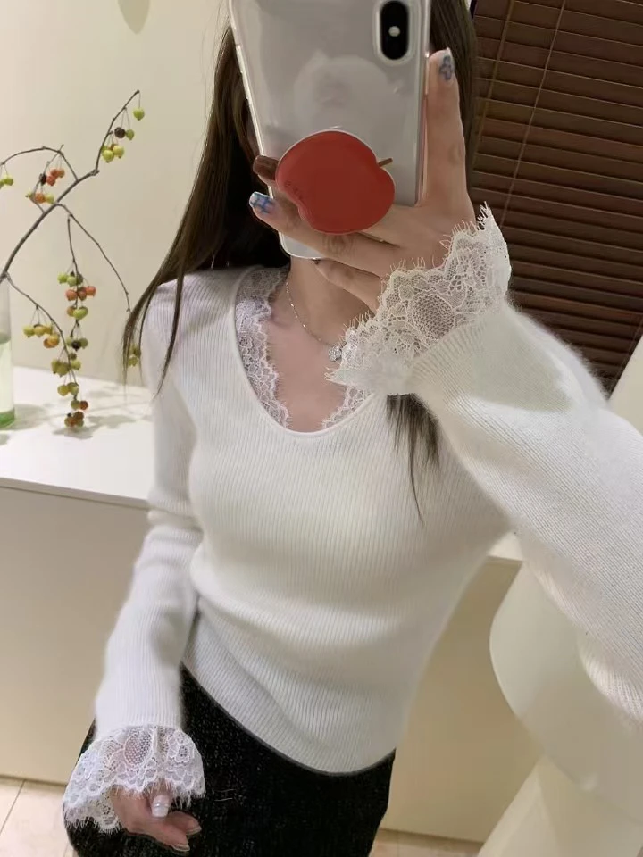 鑫蒂故事蕾丝长袖针织打底衫修身上衣JYE454