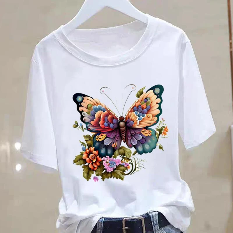 休闲蝴蝶花朵运动显瘦印花女洋气ins圆领时尚学生夏季短袖T恤