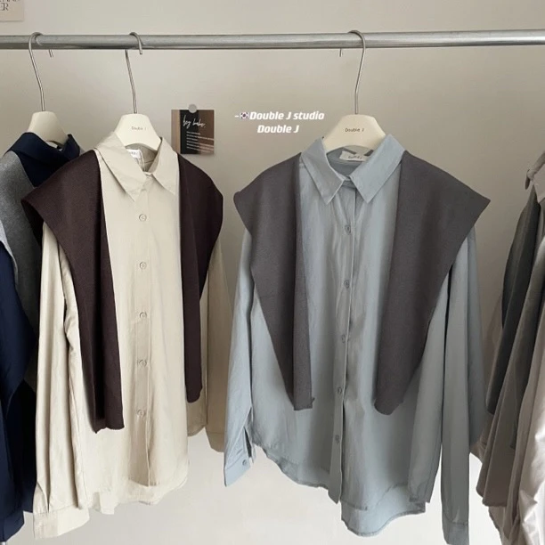 2025韩系学院风休闲时尚百搭宽松纯色上衣长袖衬衫披肩两件套