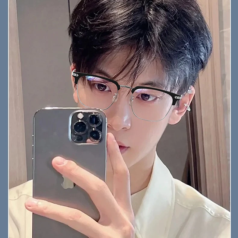 商务眉线框近视眼镜男可配度数半框眼镜女钛架防蓝光变色大框超轻