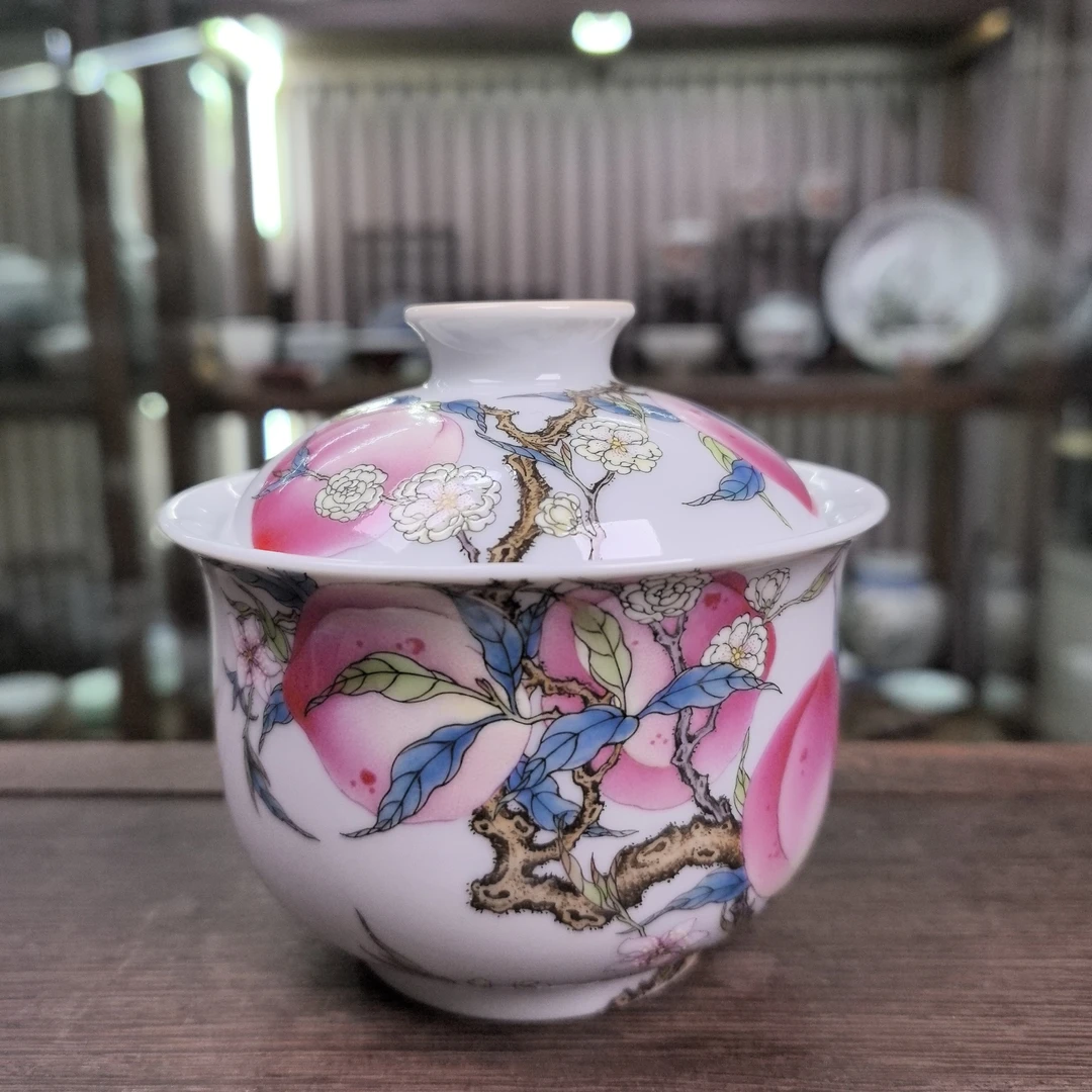 陶瓷桃蝠纹盖碗中式茶具家用泡茶不烫手茶杯