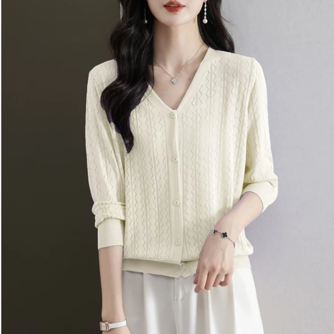 夏季冰丝漏空长袖针织衫外搭小开衫空调扇防晒衫气质薄款上衣纯色