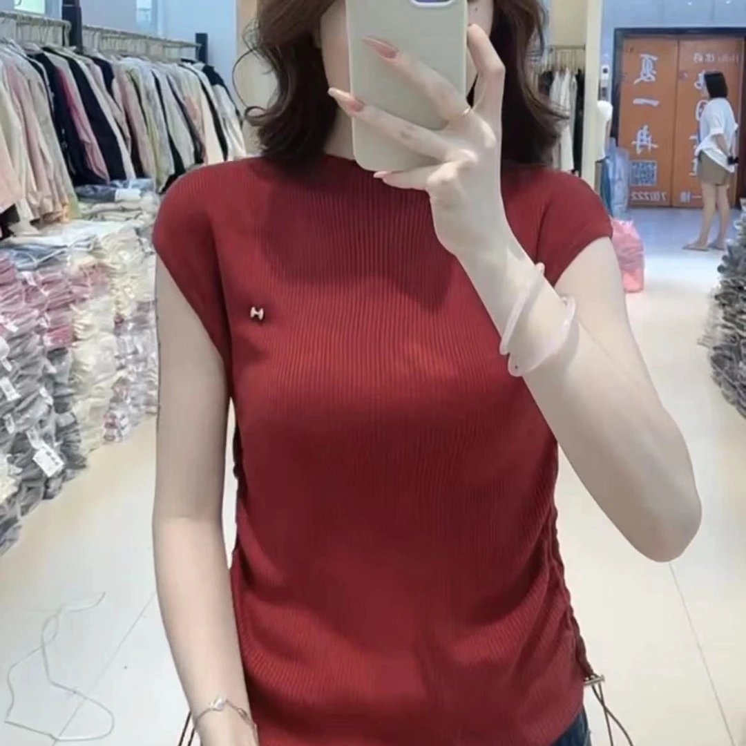 【海燕同款】酒红色一字领夏季T恤针织衫