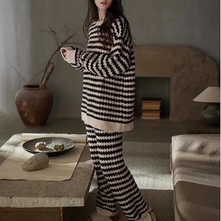 条纹睡衣女冬季高腰暖肚子束腰半边绒家居服暖宫长袖圆领秋冬套装