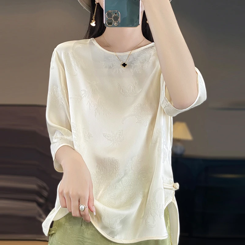 轻国风醋酸缎面提花浮雕高级感国风五分袖圆领夏季宽松上衣中袖