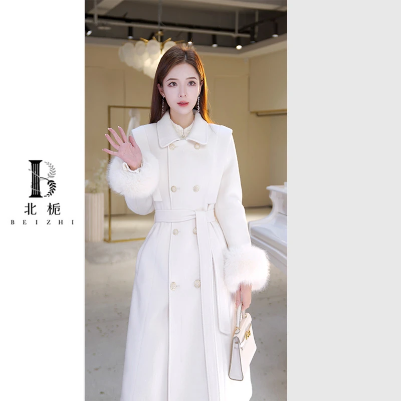 【北栀】【大佳闺秀】小翻领双排扣带腰带毛呢大衣羽绒服813995