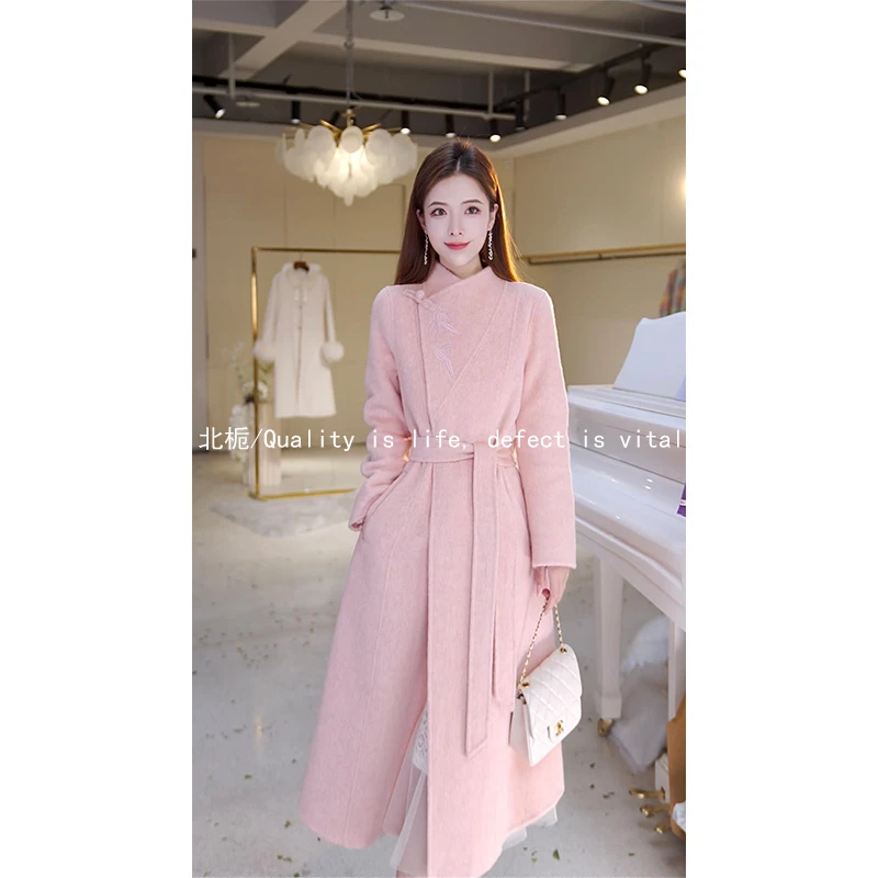 【北栀】盘扣竹叶绣花双面呢大衣812996