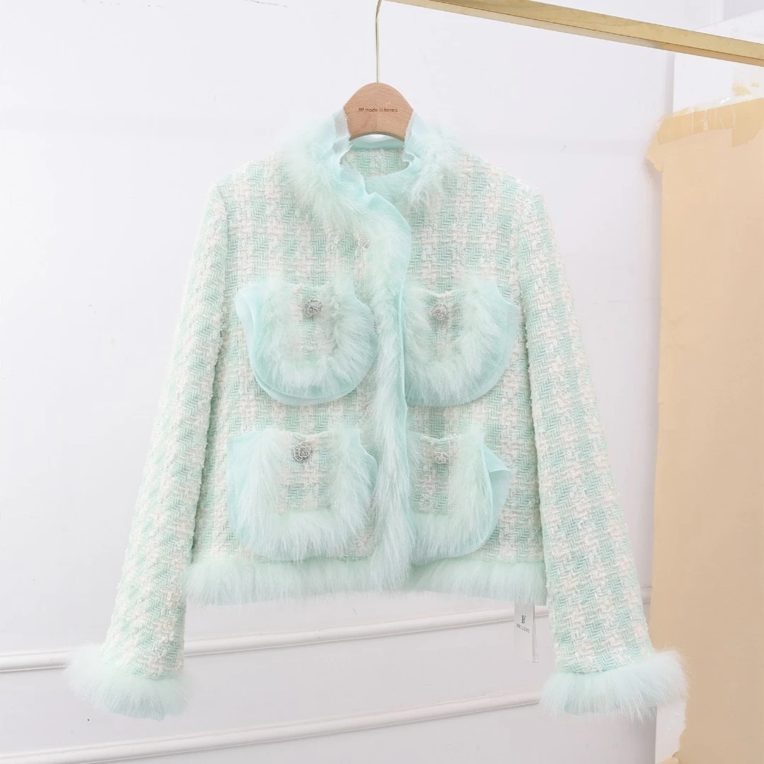 【北栀】小香风编织格子拼接羽绒服外套701702
